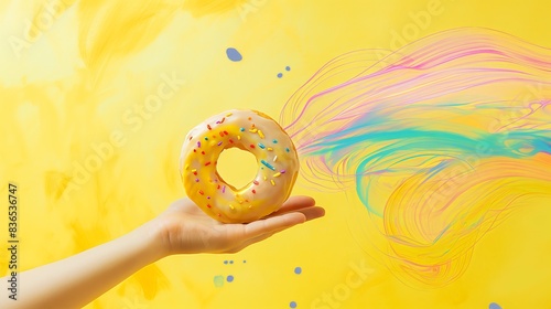 A hand holds a donut against a yellow background, with a colorful palette flowing from the donut, poster.