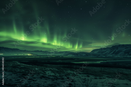 Landscape of a fjord under a sky of Northern Lights light, ideal for a vacation getaway, showcasing the picturesque north, providing a stunning travel wallpaper