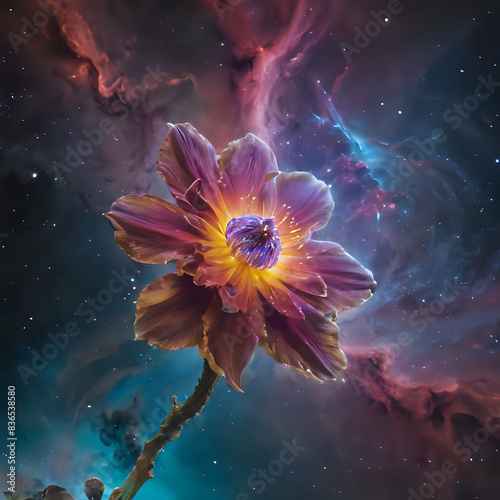 purple flower with yellow center in front of a nebula