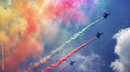 Airplane emits colorful smoke flying through the clouds