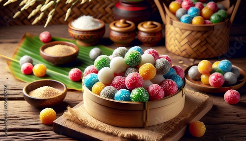 Colorful Thai Glutinous Rice Balls, also known as 