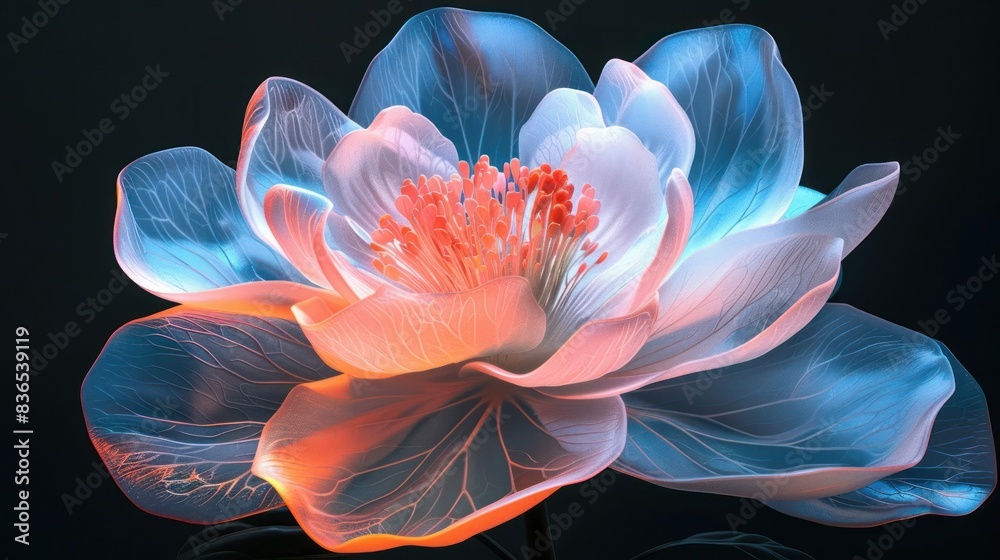 Modern Artistic Fusion, A 3D Digital Flower with Pink, Blue, and Red Hues Modern Artistic Fusion, A 3D Digital Flower with Pink, Blue, and Red Hues