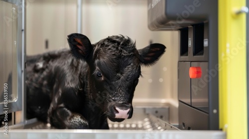 An automated calf feeding station provides small frequent meals to ensure proper nutrition. photo