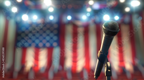 Stage microphone illuminated by vibrant lights amidst a bustling crowd