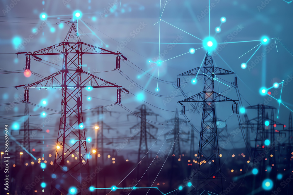 Smart grid technology managing energy flow close up, focus on, copy space Modern and efficient tones Double exposure silhouette with power lines and digital icons. Smart grid technology managing energy flow close up, focus on, copy space Modern and efficient tones Double exposure silhouette with power lines and digital icons.