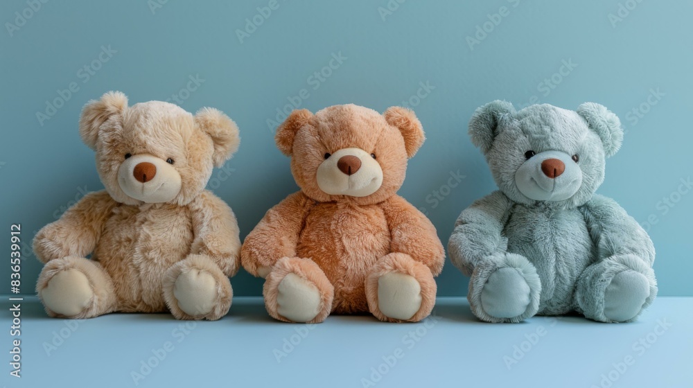 Three toy teddy bears sitting side by side on a blue wall. Generative AI. Three toy teddy bears sitting side by side on a blue wall. Generative AI.