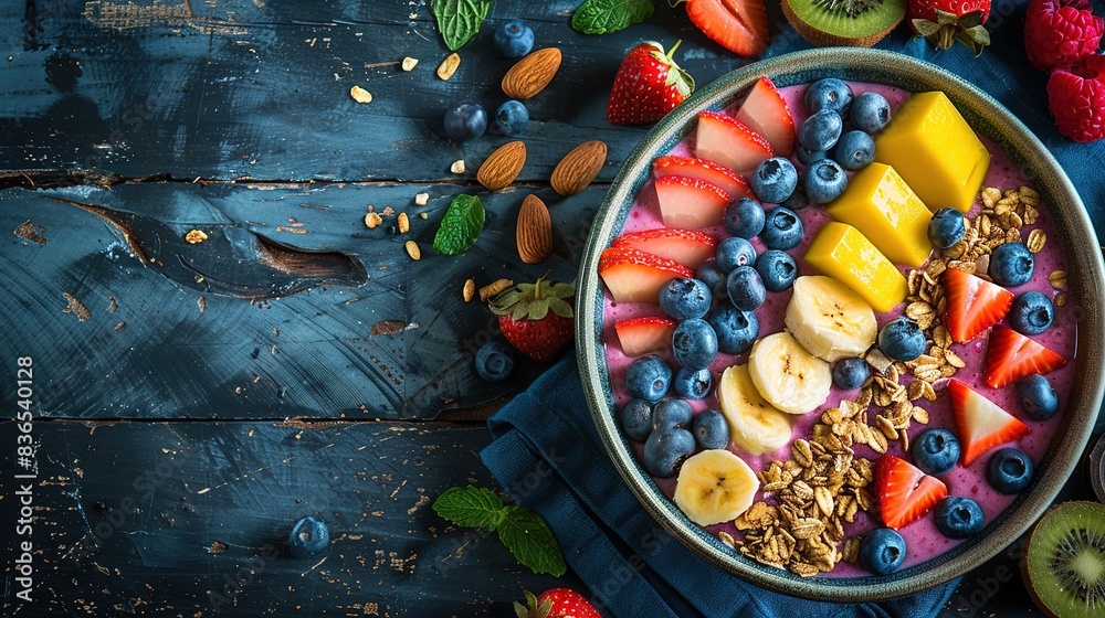 Vibrant Breakfast Spread with Colorful Fruits, Nuts, and a Smoothie Bowl Arranged Beautifully on a Rustic Wooden Table in High-Resolution Photography Style Vibrant Breakfast Spread with Colorful Fruits, Nuts, and a Smoothie Bowl Arranged Beautifully on a Rustic Wooden Table in High-Resolution Photography Style