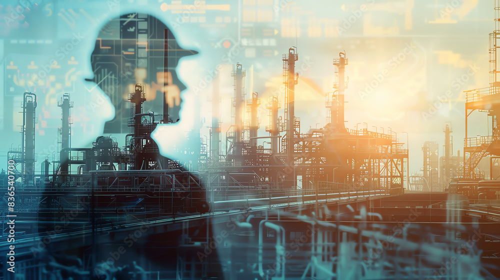 Engineer overseeing the installation of industrial equipment close up, focus on, copy space Dynamic and organized scene Double exposure silhouette with blueprints and equipment com