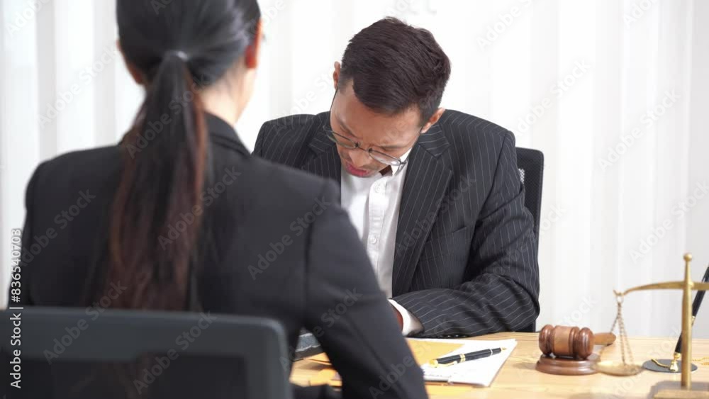 Asian male and female lawyers discuss legal consultations, working with the hammer and scales of justice. Asian male and female lawyers discuss legal consultations, working with the hammer and scales of justice.