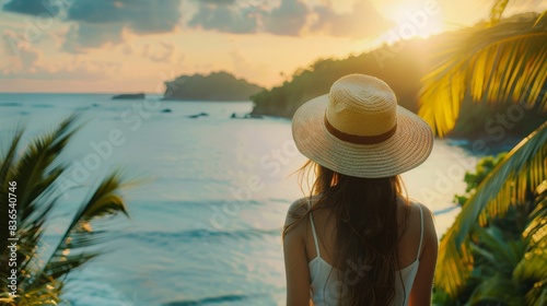A young woman, adorned with a hat, overlooks a calm sea in a lush tropical setting. The wide shot captures the serene vibe, bathed in the warm glow of golden hour light. © Sittipol 