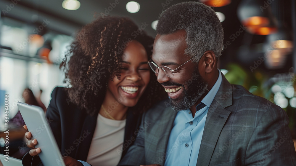 Business colleagues sharing a laugh over a tablet. Male executive and young female employee