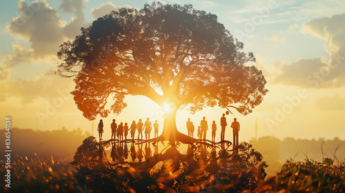 Extended family reunion outdoors close up, focus on, copy space Vibrant and cheerful atmosphere Double exposure silhouette with tree and roots.