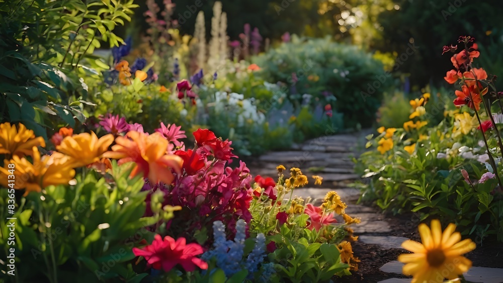 Fototapeta premium Summer's Palette: Vibrant Garden Bursting with Color, Blooming Spectacle: A Vibrant Garden in Full Summer Glory, Color Explosion: Vibrant Summer Garden in Full Bloom, Summer Symphony: Bursting Colors