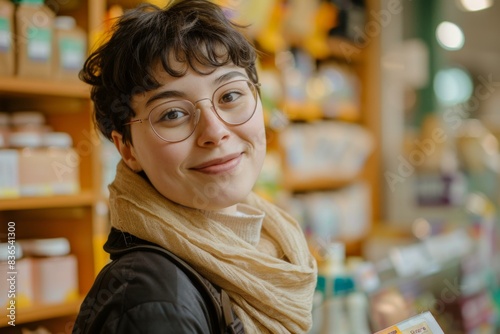 A woman in glasses holding a package of food. AI.
