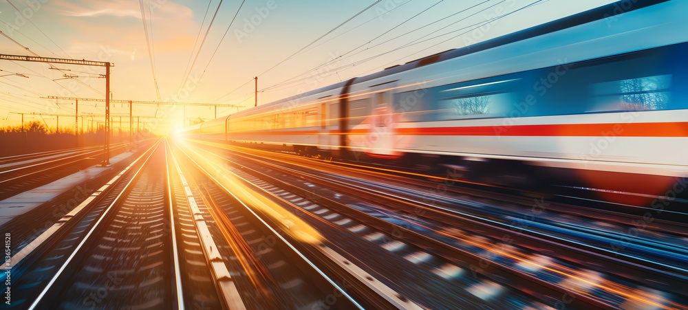 Highspeed train moving through the countryside close up, focus on, copy space Bright and dynamic colors Double exposure silhouette with train tracks. Highspeed train moving through the countryside close up, focus on, copy space Bright and dynamic colors Double exposure silhouette with train tracks.
