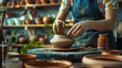 Woman doing DIY pottery project photo