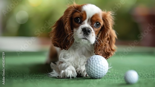 A cute Cavalier King Charles Spaniel puppy is sitting on the green grass next to a golf ball