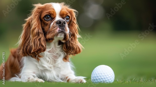 Purebred Cavalier King Charles Spaniel with golf ball on green grass field.