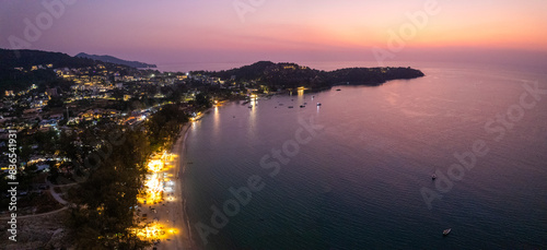 Aerial view of Bang Tao beach at sunset, in Phuket, Thailand photo