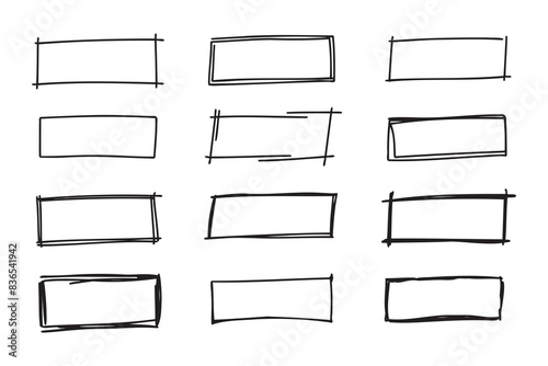 Hand drawn doodle vector rectangle frames. Grungy scribble rectangle frames. Doodle geometric borders. Pen ink empty black text boxes set. 