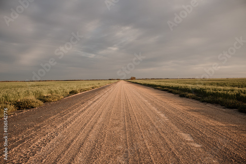 Straight gravel country road through emptiness of flat farmland photo