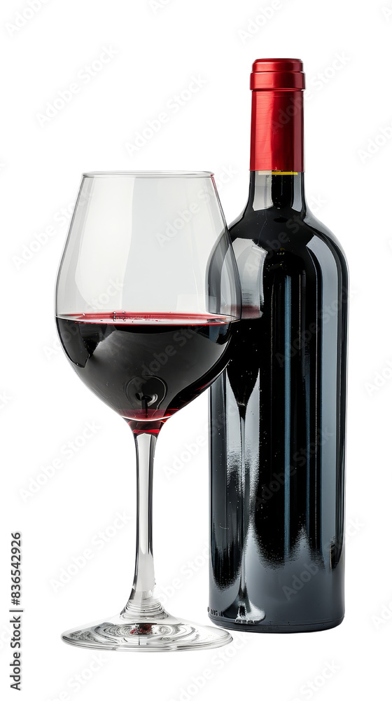 A sleek bottle of red wine paired with a filled wine glass, perfect for elegant dining and special celebrations. A sleek bottle of red wine paired with a filled wine glass, perfect for elegant dining and special celebrations.