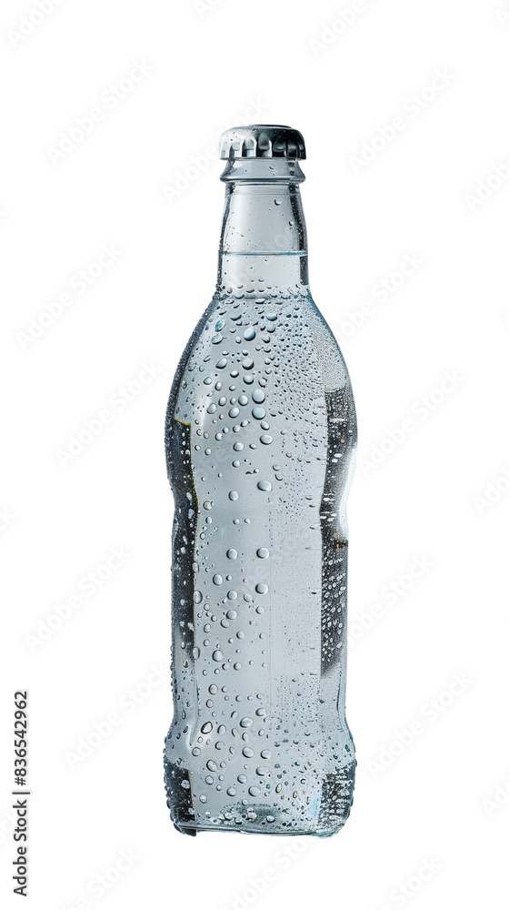 Clear glass bottle of sparkling water with condensation droplets, isolated on transparent background, representing refreshment and purity. Clear glass bottle of sparkling water with condensation droplets, isolated on transparent background, representing refreshment and purity.