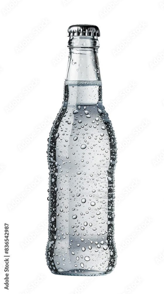 Clear glass bottle with sparkling water and condensation droplets. Ideal for refreshing beverage advertising or product design. Clear glass bottle with sparkling water and condensation droplets. Ideal for refreshing beverage advertising or product design.