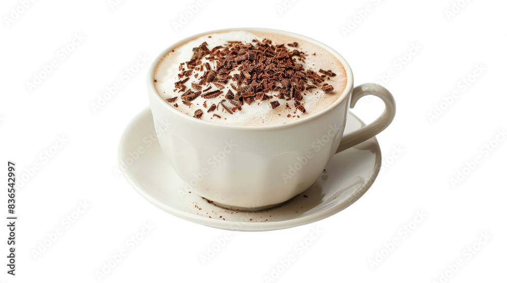 Close-up of a creamy cappuccino topped with chocolate shavings in a white cup and saucer on a transparent background. Perfect for coffee lovers. Close-up of a creamy cappuccino topped with chocolate shavings in a white cup and saucer on a transparent background. Perfect for coffee lovers.