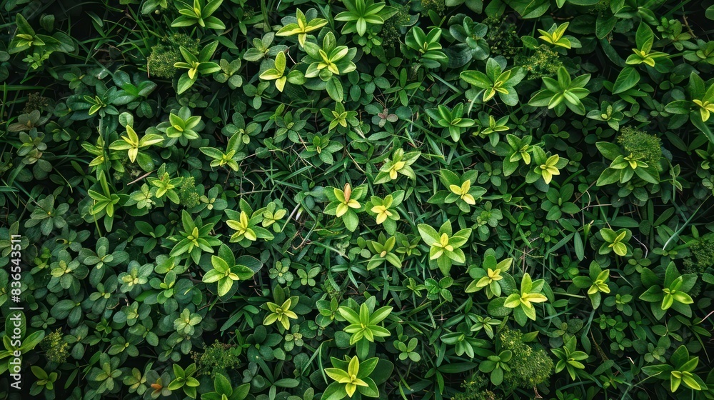 A Dense Patch of Vibrant Green Foliage Interwoven with a Variety of Small Yellow Flowers Creating an Aesthetic Pattern A Dense Patch of Vibrant Green Foliage Interwoven with a Variety of Small Yellow Flowers Creating an Aesthetic Pattern