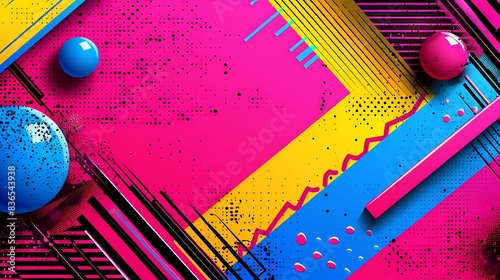 Vibrant pop art background with bold colors and geometric patterns, leaving ample space on the left for text. Bright and lively, featuring comic-style elements and halftone dots photo