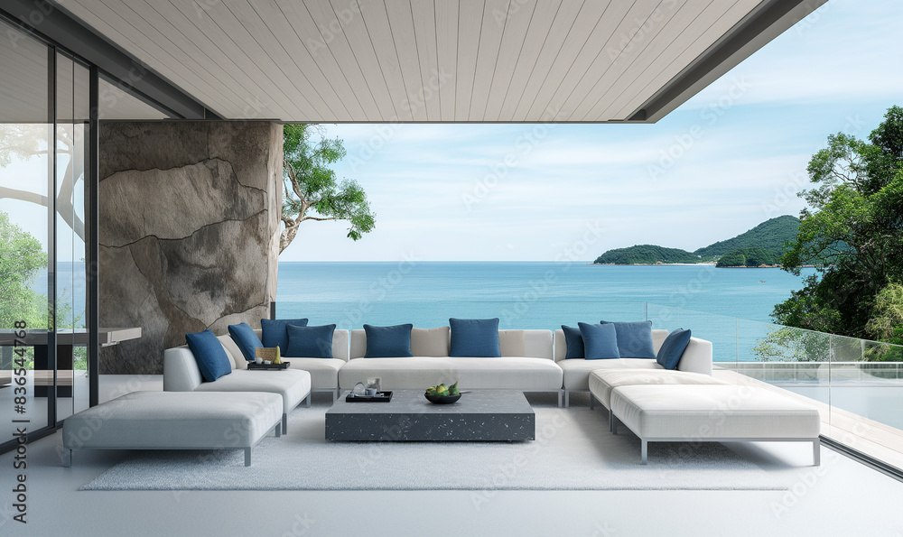 Fototapeta premium Create an empty modern outdoor lounge with light grey and white wood walls, blue accent pillows on sofa, large window overlooking the ocean, stone wall accents, and white concrete flooring