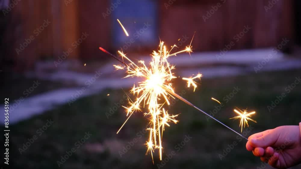 Child play firework in the garden or back yard at night. Concept of celebration