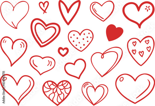 Red, Pink Doodle heart Collection, hand drawn love heart collection, Sketch of red heart icon symbol graphic set. Hand drawn heart element vector