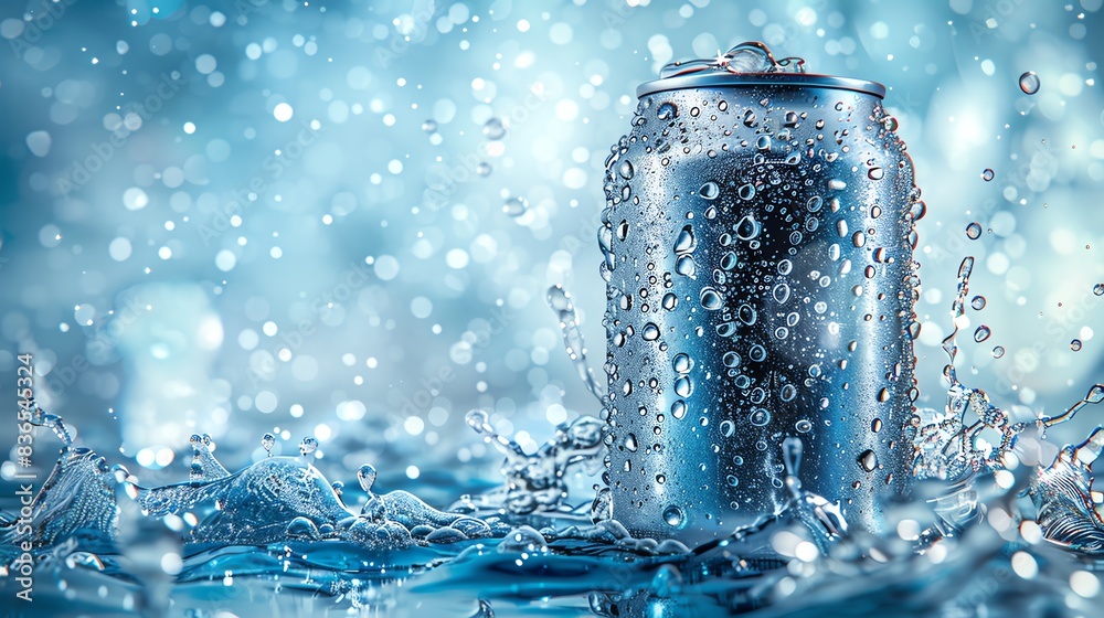 Cold beverage can with water droplets and splashes. Refreshing drink concept with a cool, icy background. Cold beverage can with water droplets and splashes. Refreshing drink concept with a cool, icy background.