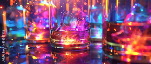 Colorful light reflections in cocktail glasses with ice cubes  creating a vibrant and festive atmosphere  perfect for nightlife and party themes.