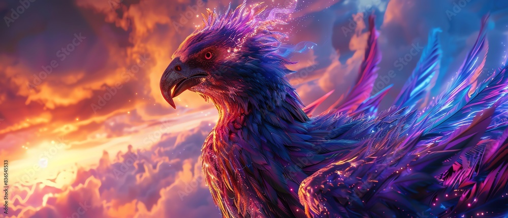 Fototapeta premium Majestic phoenix rising with radiant feathers against a vibrant, colorful sky during sunset. Captivating fantasy illustration.