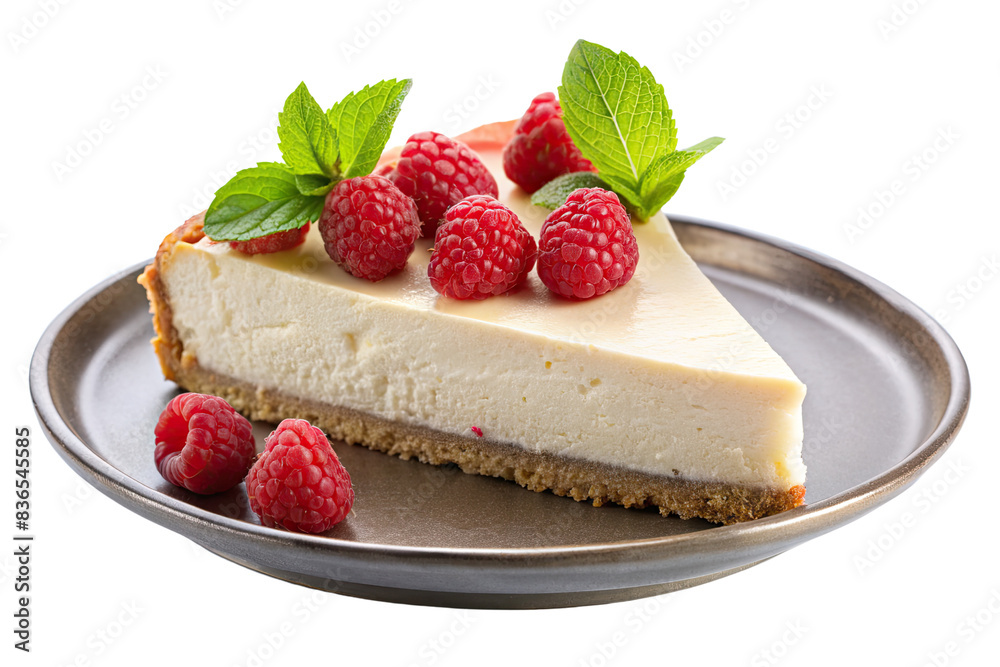 Tray with slice of cheesecake, raspberries and basil leaves isolated on a transparent background Tray with slice of cheesecake, raspberries and basil leaves isolated on a transparent background