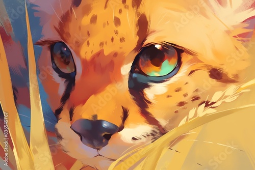 Super cute illustration of a serval hunting, vibrant colors, soft focus, detailed fur texture, happy and playful mood photo