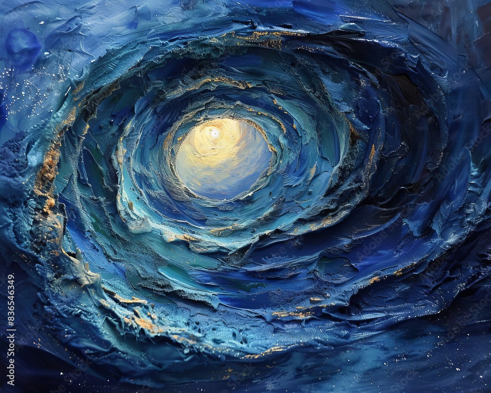 Craft a cosmic portal opening in the sky above, viewed from the ...