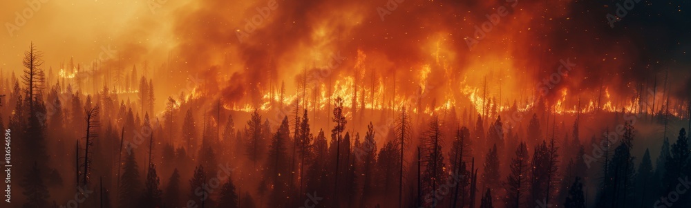 Flames are seen in the distance behind a forest of trees Flames are seen in the distance behind a forest of trees