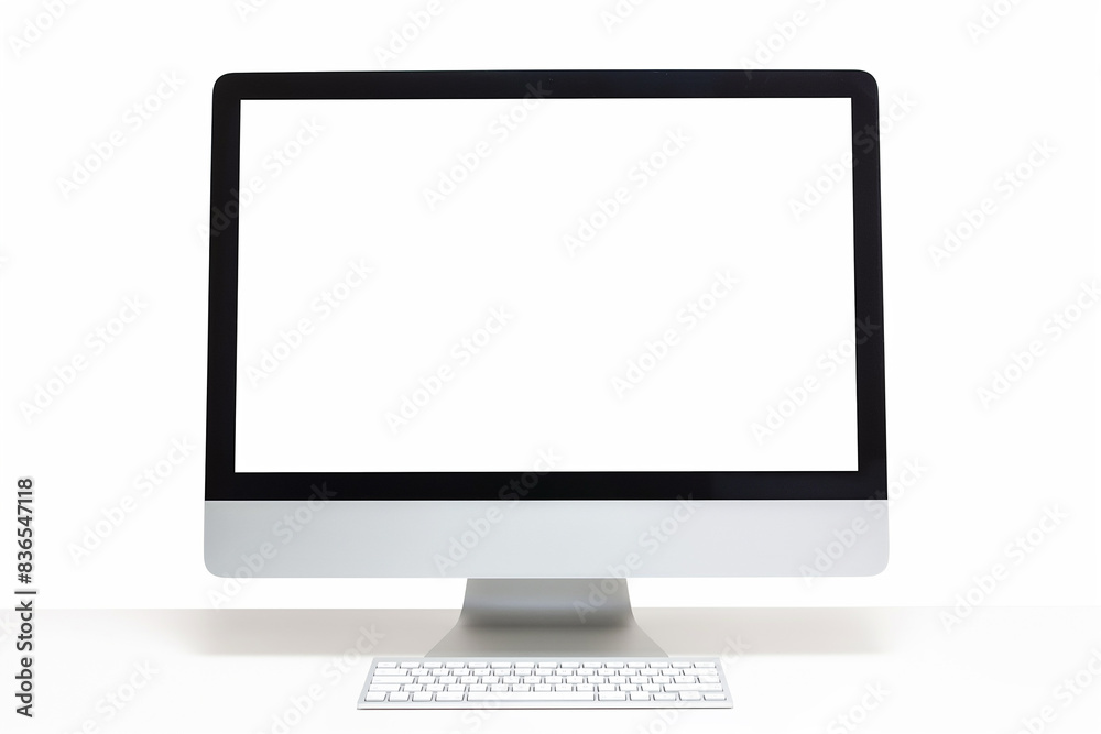 Desktop computer with blank white screen, front view, white background, isolated on the edges Desktop computer with blank white screen, front view, white background, isolated on the edges