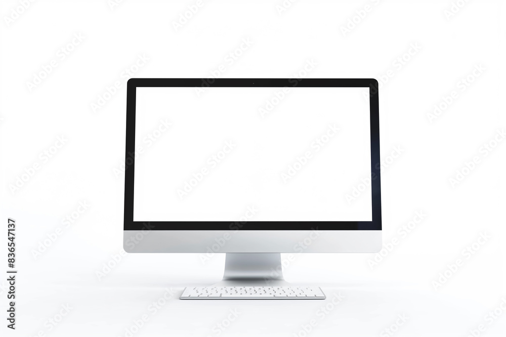 Desktop computer with blank white screen, front view, white background, isolated on the edges Desktop computer with blank white screen, front view, white background, isolated on the edges