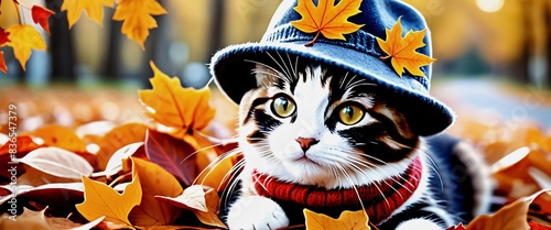 Autumn Feline Fashion Adorable Cat with Hat