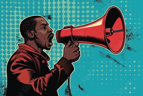 African-American / black man with megaphone pop art retro vector for protest , activism , empowerment , speech ,demonstration