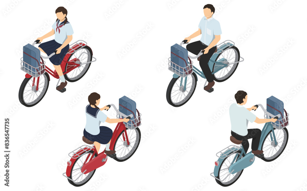 Naklejka premium アイソメトリックイラスト：自転車に乗る男女の中学生(夏服)