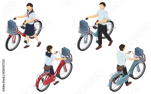 アイソメトリックイラスト：自転車を押す男女の中学生(夏服)