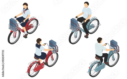 アイソメトリックイラスト：自転車に乗る男女の中学生(夏服)