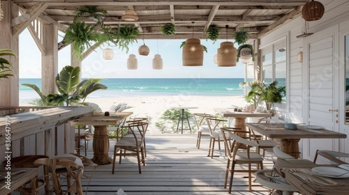 photorealistic  beach cafe with white wood walls and tables on the wooden deck of an old light gray pine house  beach in background 