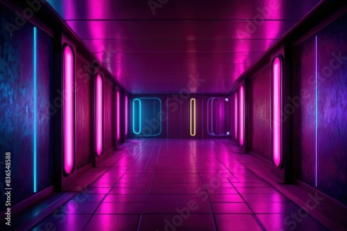 Abstract glowing neon cyberpunk corridor hallway tunnel